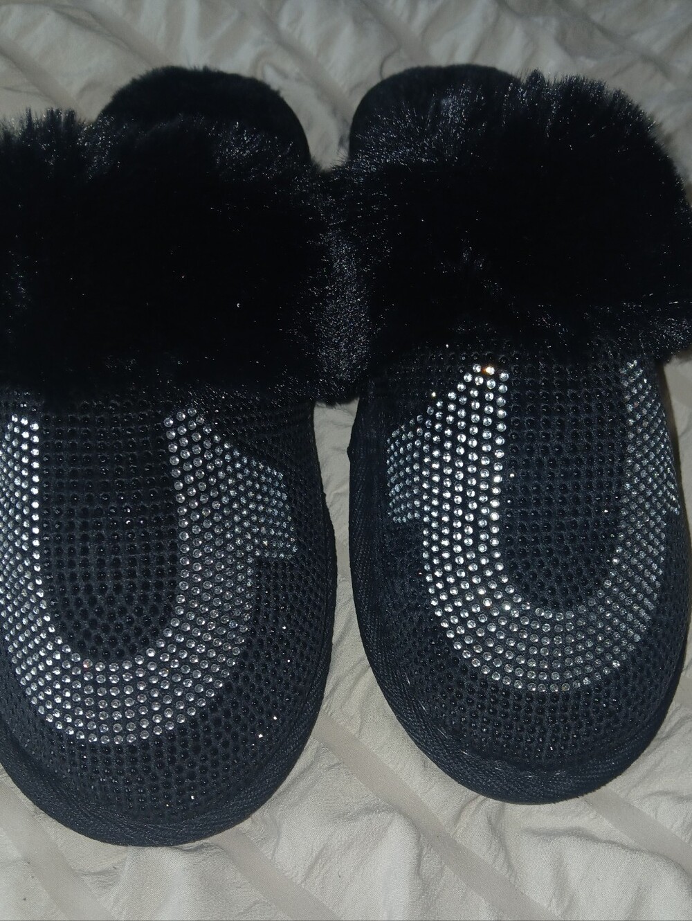 Black Faux Fur True Religion Crystal-Accent Women's Slippers